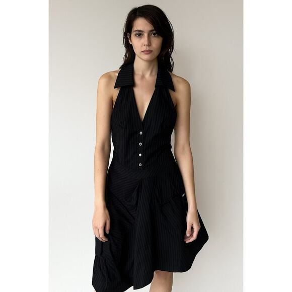 Karen Millen Striped Sleeveless Halter Neck Open Back Mini Dress Black Women's 6 - Picture 1 of 10